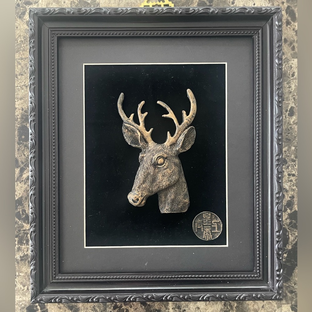 Vintage Framed Deer Head Asian Art